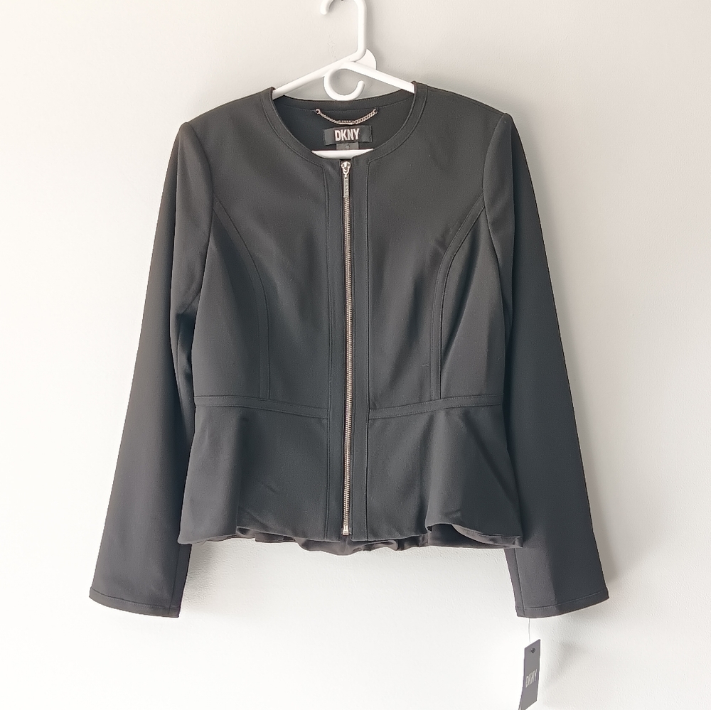 NEW DKNY Blazer Silver Zippered Black Crew Neck Pleated Flounce Women's 10